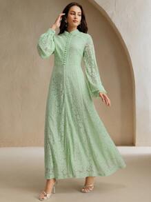 Anewsta Women's Long Sleeve Lace Burgundy Dress Maxi Women Outfit - Green - View 6