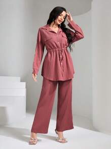 Graceveil 翻盖口袋抽绳腰衬衫和阔腿裤两件套 - 乾枯玫瑰色 - 查看 5
