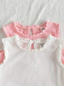 SHEIN 4pcs Baby Girls Pink Summer Cute Vacation Outfit Set,Butterfly Embroidered Crew Neck Sleeveless Knit Vest Top And Matching Shorts,Fresh Sweet Style - Multicolor - View 6