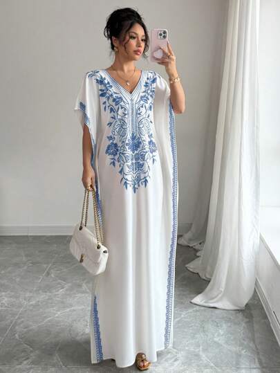 Rafferiza Casual Elegant Lady Floral Print V-Neck Batwing Sleeve Loose Hem Slit Flowy Midi Dress, Comfortable, Suitable For Spring/Summer
