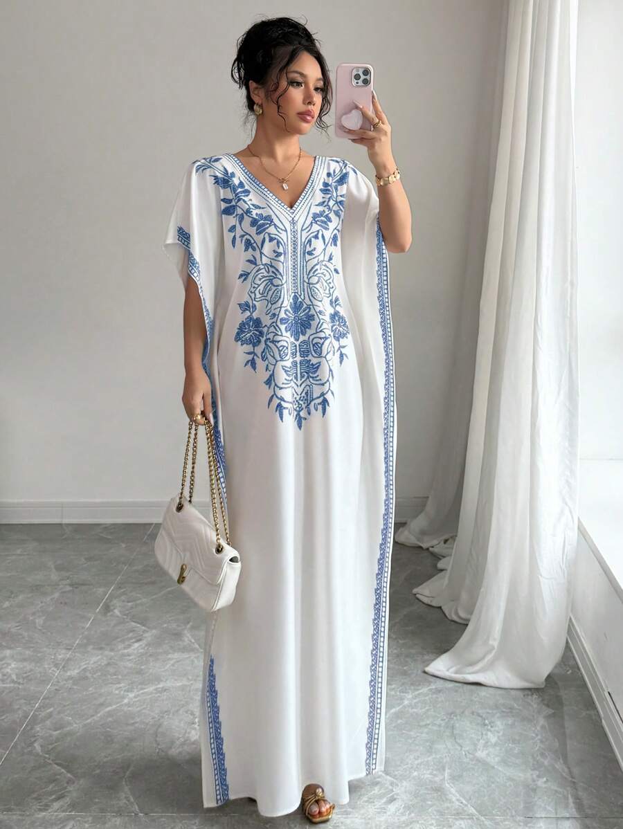 Rafferiza Casual Elegant Lady Floral Print V-Neck Batwing Sleeve Loose Hem Slit Flowy Midi Dress, Comfortable, Suitable For Spring/Summer - Blue - View 1
