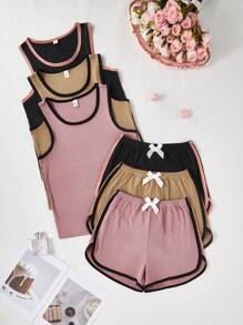 SHEIN 3 件套女士撞色装饰休闲无袖上衣和短裤睡衣套装，多色家居服套装