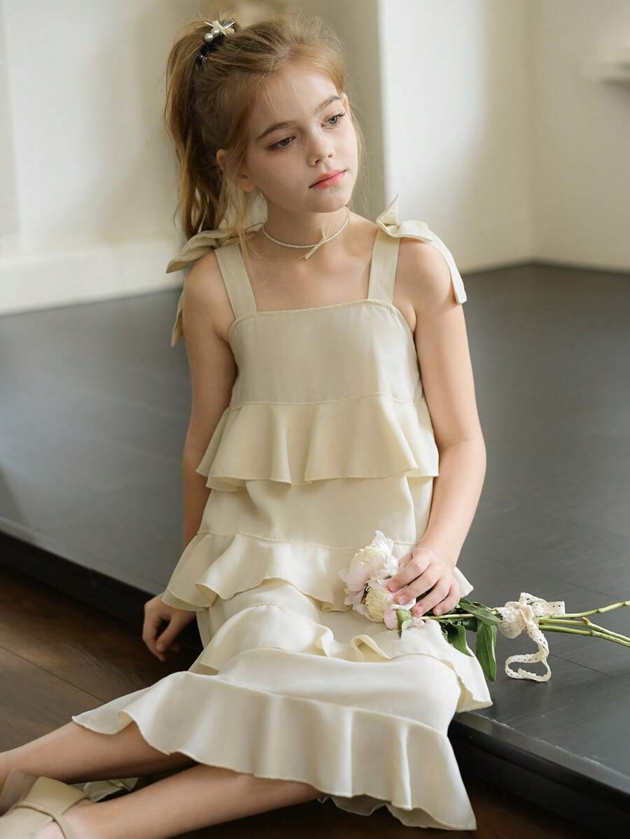 SHEIN Tween Girls' Summer Elegant Ruffle Hem Butterfly Decor Dress