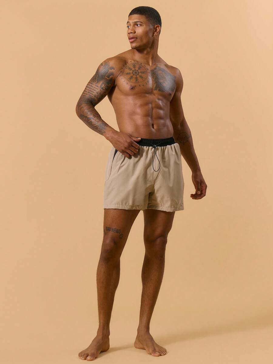 Musero Men Basic Swim Short Contrast Elasticated Drawstring Waistband Spring Summer Holiday Vacation Poolside Beach - Apricot - View 1