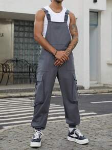 Manfinity Homme 男式纯色宽松工装口袋背带裤