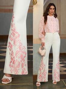 ZEYLAH Embroidered Color Block Elegant Flare Pants For Commuting, Spring/Summer - White - View 8