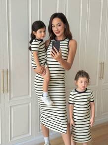 SHEIN Babygirl Cute Summer Elegant Knitted Striped Short Sleeve Loose Dress,Skin-Friendly And Soft Fabric To Protect Baby's Skin, Can Be Worn Indoors Or Outdoors, First Choice For Mothers Mommy And Me Matching Outfits Mama And Me Dresses Mother Daughter Matching Dresses Mommy And Me Striped Dresses Family Matching Outfits - Black and White - View 7