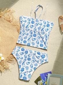 SHEIN Đồ bơi một mảnh họa tiết hoa nhỏ xinh xắn dành cho bé gái tuổi teen - Xanh và trắng - Xem 2
