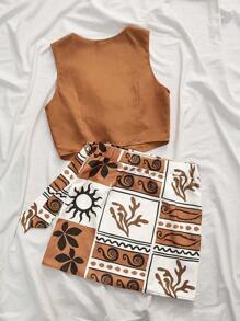 Travachic 2pcs/Set Women Solid Color Woven Cropped Sleeveless Tank Top & High Waist Printed Woven Mini Skirt,Fall Winter Clothes, New Year, Wedding Guest Outfits, Elegant Graduation,  Casual Outfits