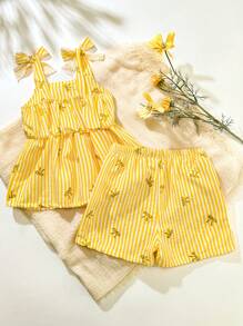 SHEIN Playful Pals 2 件婴幼儿女童春夏休闲日常可爱度假条纹蝴蝶结无袖上衣 + 短裤套装，0-3 岁 - 黃色 - 查看 2