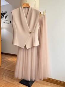 Franclia 优雅通勤网眼裙和背心两件套 - 卡其色 - 查看 6