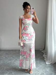 Selianne 女式花卉印花荷叶边修身优雅连衣裙