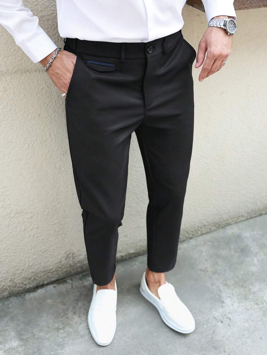 Manfinity Mode 男士休闲/商务纯色锥形西装裤 - 黑色 - 查看 1