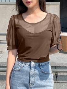 DAZY 女士半透明短袖圆领网眼套头休闲上衣，夏季 - 棕色 - 查看 3