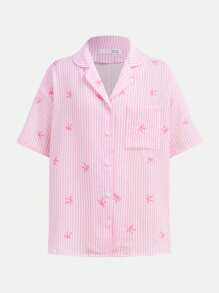 SHEIN 青少年女孩休闲时尚粉色和白色条纹蝴蝶结领宽松短袖衬衫和阔腿裤套装，返校，母子装 - 粉色 - 查看 14