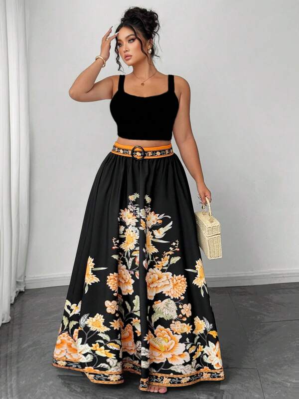 Elenzga Fustă lungă maxi pentru femei, mărime plus, stil retro francez, la modă, imprimată, casual, cu cataramă în V, cu talie și curea, potrivită pentru primăvară, vară și toate anotimpurile