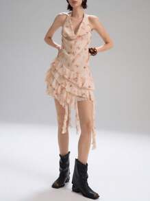 LYSMO Tie-Dye Print Backless Drapey Ruffle Chiffon Mini Dress For Vintage Boho Style 2025 New Arrival - Beige - View 3