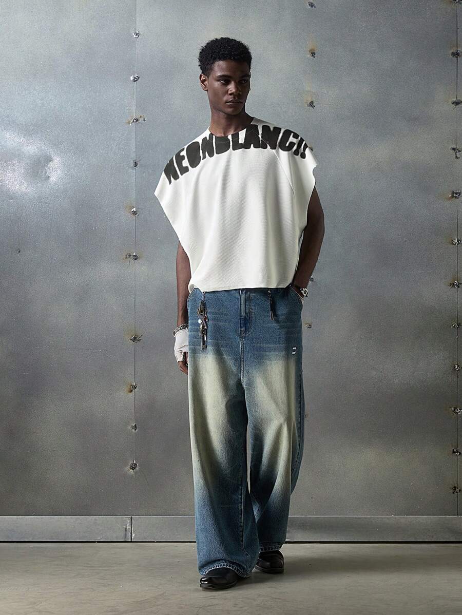 NEON BLANC Men's Street Style White Knitted Graphic Letter Print Round Neck Knitted Top, Suitable For Summer - White - View 1