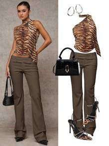 SHEIN BAE 女士纯色休闲时尚外出百搭休闲老款风格口袋宽腰带简约通勤办公室低腰宽松喇叭腿长裤，冬季女裤，秋季女装，工作服，复古风格，秋冬裤，低腰裤，羊毛裤，正装裤，休闲裤 - 咖啡棕 - 查看 7