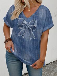 INAWLY 大码夏季休闲蝴蝶印花仿牛仔V领T恤 - 彩色 - 查看 3