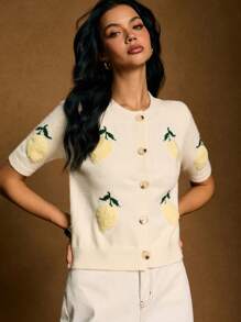 Poéselle 柠檬刺绣休闲针织短袖开衫 - 米色 - 查看 3