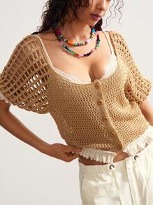 Bohemela 1 pièce Top tricoté à manches creuses femme avec boutons simples de couleur unie - Camel - Voir 1