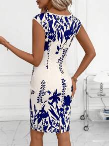 SHEIN Clasi 女式新款优雅收腰修身方领花卉印花迷你连衣裙，适合通勤、办公室、休闲场合 - 彩色 - 查看 2