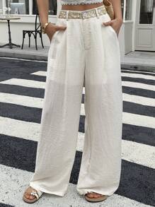 Livesso Women's Summer Solid Color Ribbon Decor Elastic Waist Loose Casual Long Pants - White - View 3