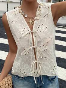 Livesso Women Lace Hollow Tie V-Neck Sleeveless Ruffled Hem Resort Style Tank Top - White - View 1