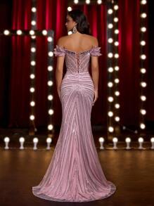 Glamrae Váy đuôi cá hở vai gợi cảm, sang trọng, đính hoa ngọc trai và sequin, đuôi dài, thích hợp cho tiệc cưới, tiệc tùng, hẹn hò, dạ hội, tiệc chiêu đãi (Thiết kế chắc chắn) - Màu Hồng Tươi - Xem 4