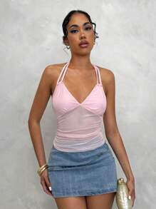 Glamine Top corto halter de malla con parches sexy para vacaciones de mujer - Rosa Pálido - Ver 1