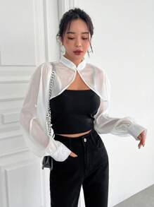 DAZY Áo crop top tay phồng cổ trụ dáng rộng không có áo hai dây, Áo dài tay cho nữ mặc khi trở lại trường, Quần áo mùa thu cho nữ - trắng - Xem 3