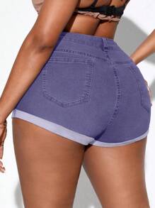 SHEIN SXY Quần short denim thường ngày đa năng có túi rách cỡ lớn cho nữ - Màu tím - Xem 2