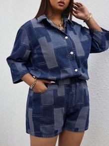 SHEIN SXY 大码女式牛仔夹克，纹理提花图案，性感时尚的夏日度假 - 深色水洗藍 - 查看 5