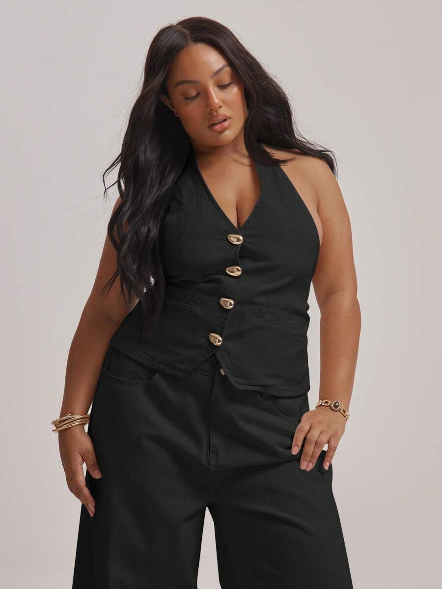 MUSERA 加大码露背纽扣牛仔背心，仅限毕业季穿着，性感可爱优雅，适合度假和夏季穿着。 - 黑色 - 查看 1