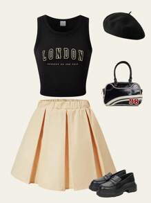 SHEIN Explorewe 少女无袖字母印花T恤搭配百褶裙套装，2025返校季系列，儿童校园服及运动服 - 黑色 - 查看 3