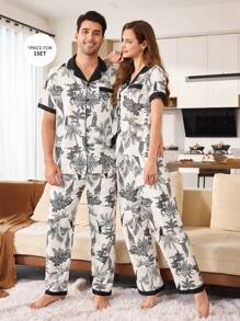 CoupledUp Herren Falten Wald Tier Muster Knopf Hemd & Hose Pyjama Set - Schwarz und Weiss - Übersicht 5