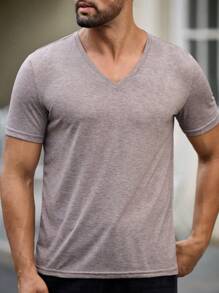 Manfinity VCAY Men Solid V Neck Tee, Summer - Mocha Brown - View 4