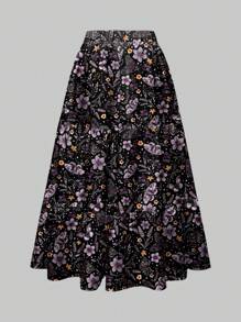 ROMWE Gothic Ditsy Floral, Plant, Stars & Moon Print Women Summer Holiday Skirt Suitable For Going Out - Black - View 2