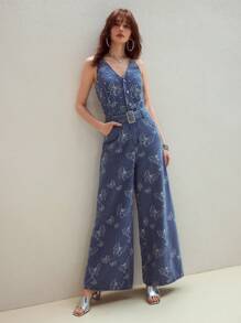 MOTF STUDIO 全身蝴蝶图案仿珍珠细节水钻扣无袖束带阔腿牛仔连体裤 - 藍色 - 查看 5