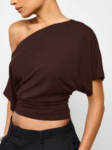 AiiRZ Off Shoulder Fitted Waist T Shirt Batwing Sleeve Asymmetrical Neckline Casual Blouse Modern Contemporary Fashion Statement Design - Chocolate Brown - View 4