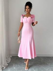 Elenzga Elegant French Solid 3D Floral Embroidery Square Neck Fitted Mermaid Maxi Dress, Suitable For Dates, Weddings, Parties And Commute