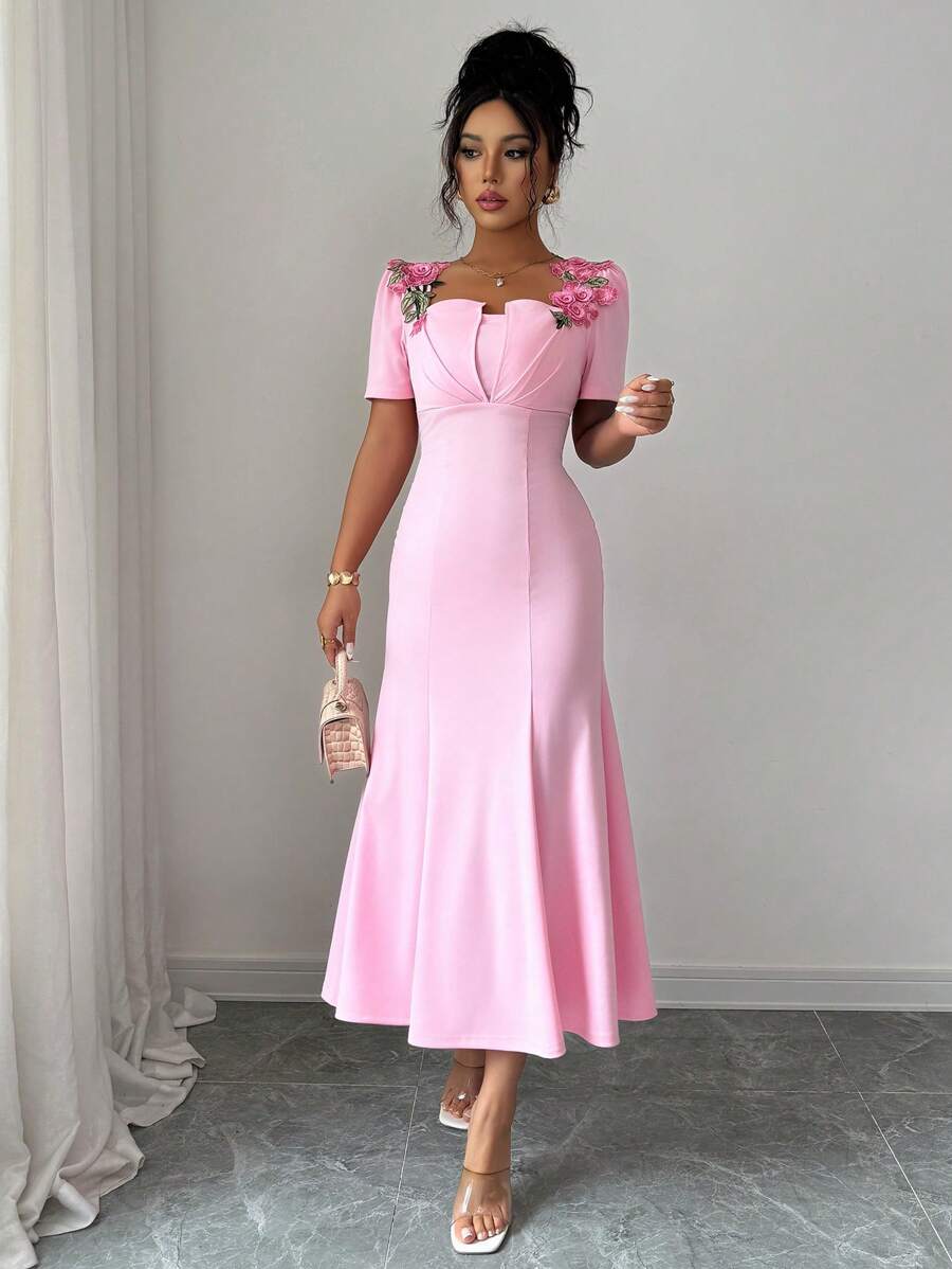 Elenzga Elegant French Solid 3D Floral Embroidery Square Neck Fitted Mermaid Maxi Dress, Suitable For Dates, Weddings, Parties And Commute