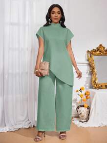 SHEIN Lady Damen Outfit-Sets in Zweiteiler-Form für alle Jahreszeiten, Herbst Zweiteiler-Sets, lässig-elegante Damen Outfits mit weißem gewebtem Stehkragen, elegante Überlagerungssets für Damen im Herbst, neue Damen Zweiteiler-Sets, Damen lässige Zweiteiler-Sets