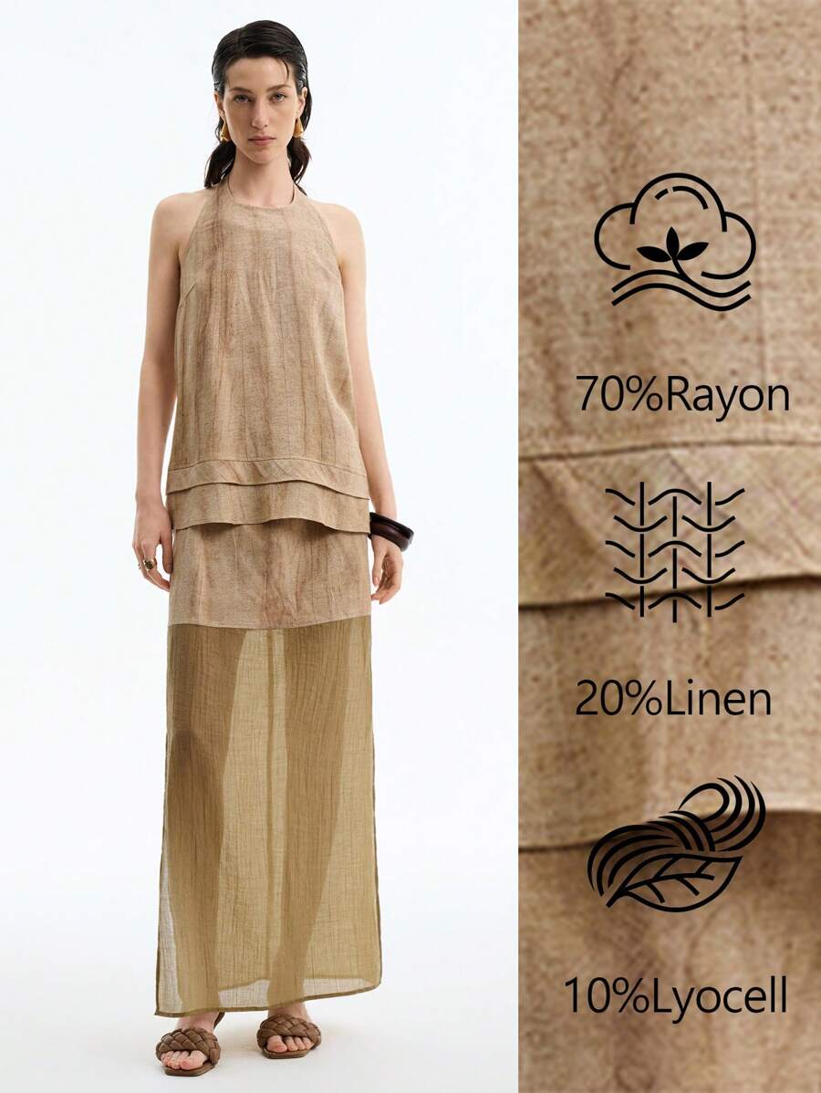 Aalyst Women Elegant Backless Halter Crop Top & Mini Skirt 2Pcs Set, Summer - Khaki - View 1