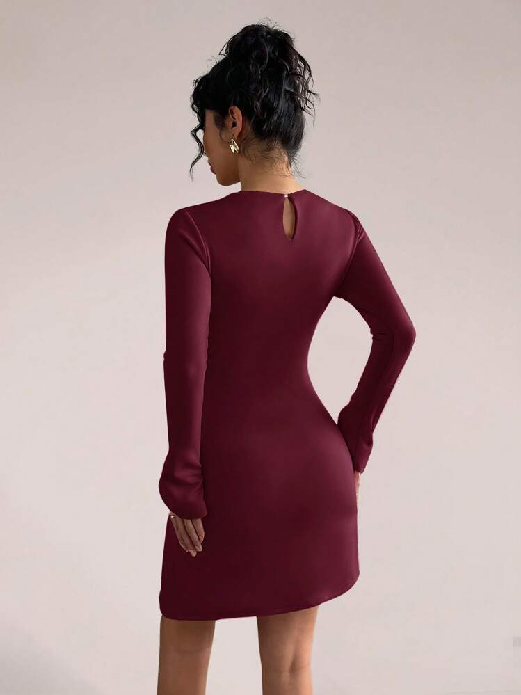 SHEIN PETITE Glamine 女士小巧时尚纽扣装饰开衩长袖连衣裙 - 紅色 - 查看 2