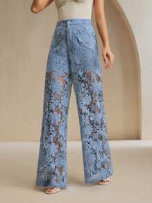 Anewsta Pantalones rectos con corte de encaje floral elegante para mujer - Azul - Ver 6
