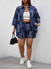 SHEIN SXY 大码女式牛仔夹克，纹理提花图案，性感时尚的夏日度假 - 深色水洗藍 - 查看 4