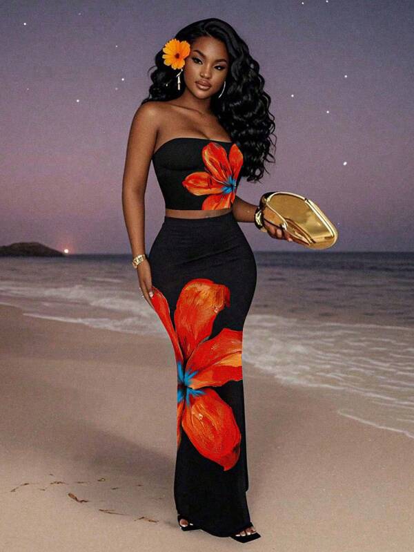 Slaydiva 2pcs Casual Minimalist Floral Print Tube Top & Skirt Suit For Women, Summer Beach Vacation Outfits