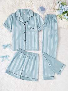 3 pièces Set de cardigan à manches courtes rayé pastèque, short et pantalon casual, tenue de détente pour filles - Bleu azur - Voir 4